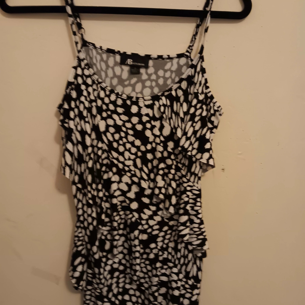 AB Studio Blouse Women's Medium Black White Dots Spaghetti Straps Layered Flowy